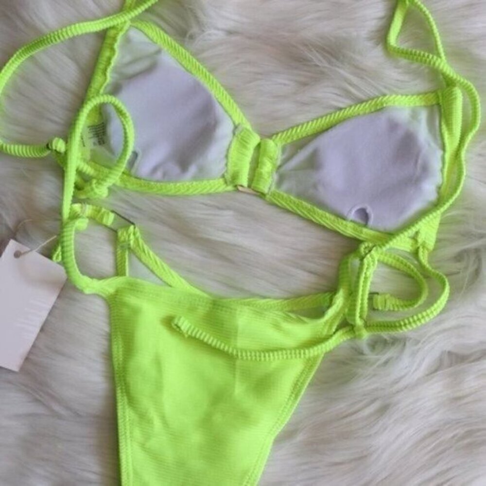 NWT Neon Green Bikini Set Size Large Ribbed Sexy Bathing Suit - Picture 8 of 9